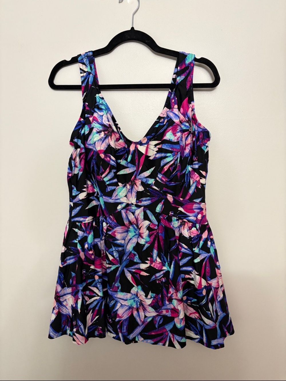 V-Neck Floral Swimdress One-Piece in Black with Pink & Blue